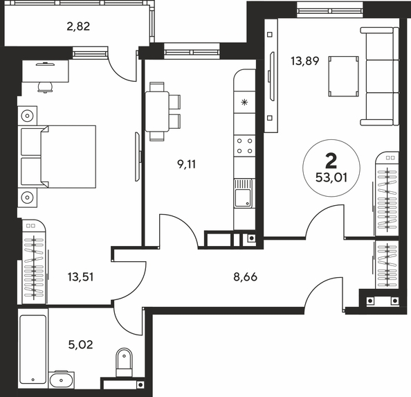 Планировка 2-комн 52,87 м²