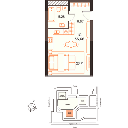 Планировка Студия 35,66 м²