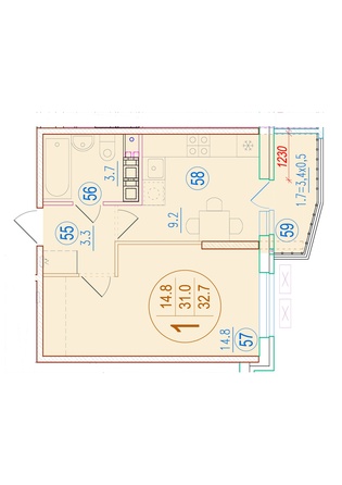 Планировка 1-комн 32,7 м²