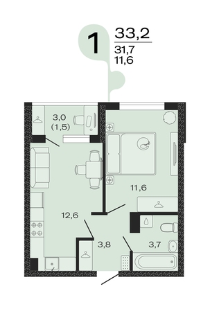 Планировка 1-комн 33,2 м²