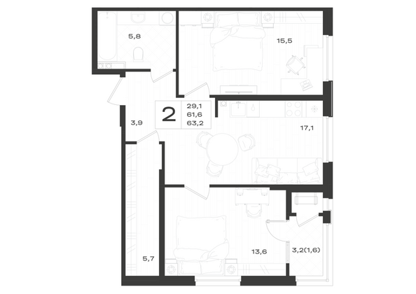 Планировка 2-комн 63,2 м²