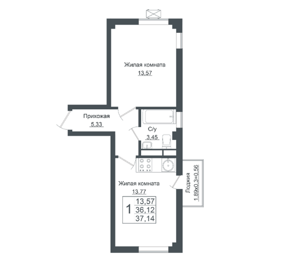 Планировка 1-комн 37,14 м²