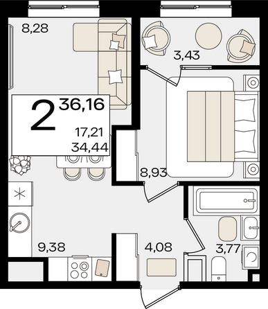 Планировка 2-комн 36,16 м²