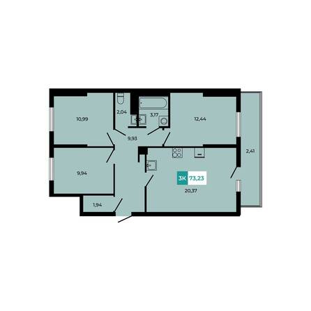 Планировка 3-комн 73,23 м²