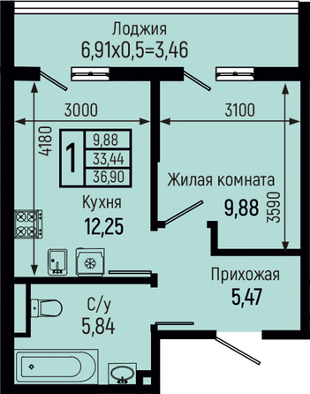 Планировка 1-комн 36,9 м²