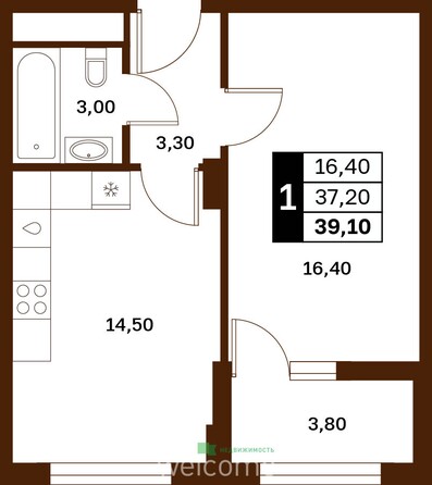 Планировка 1-комн 39,1 м²