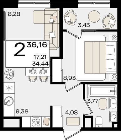 Планировка 2-комн 36,16 м²