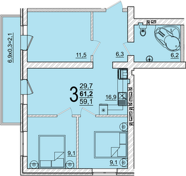 Планировка 3-комн 61,2 м²
