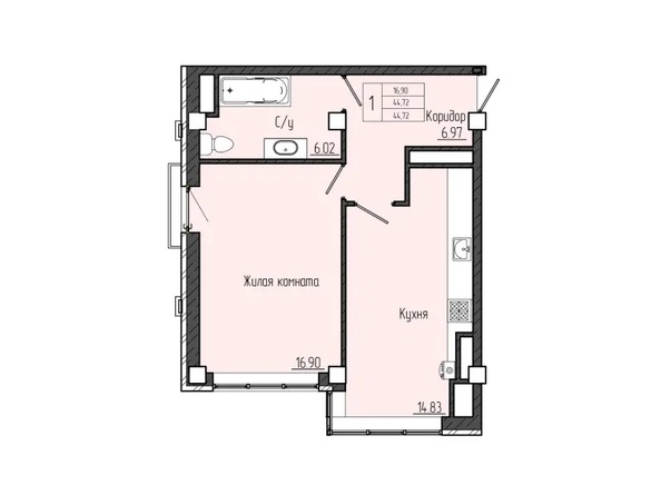 Планировка 1-комн 44,72, 45,22 м²