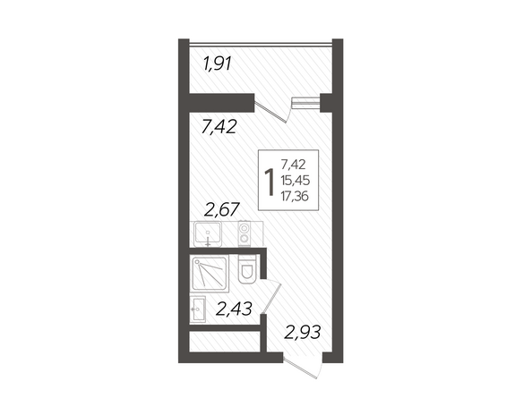 Планировка 1-комн 17,36 м²