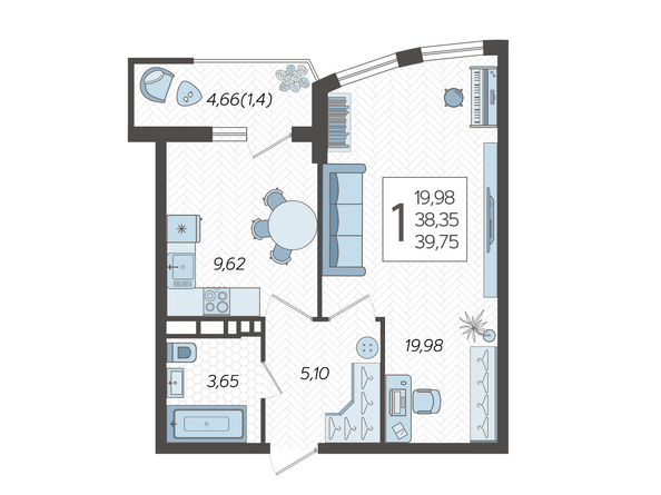 Планировка 1-комн 39,75 м²