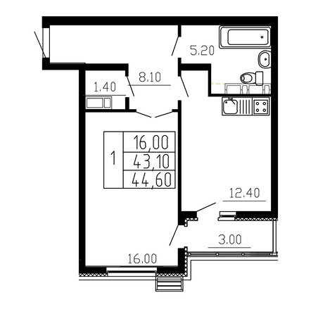 Планировка 1-комн 44,6 м²