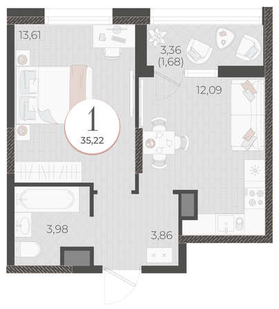 Планировка 1-комн 35,22 м²
