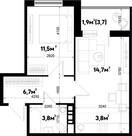 Планировка 2-комн 43,2 м²