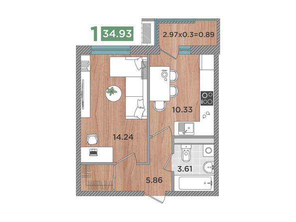 Планировка 1-комн 34,93 м²