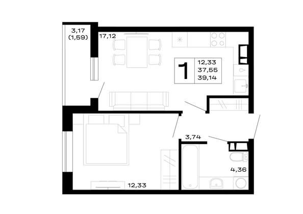 Планировка 1-комн 39,14 м²