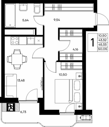 Планировка 1-комн 50,05 - 50,26 м²