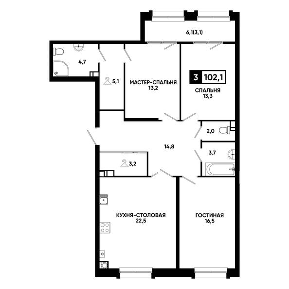 Планировка 2-комн 102,1, 102,6 м²
