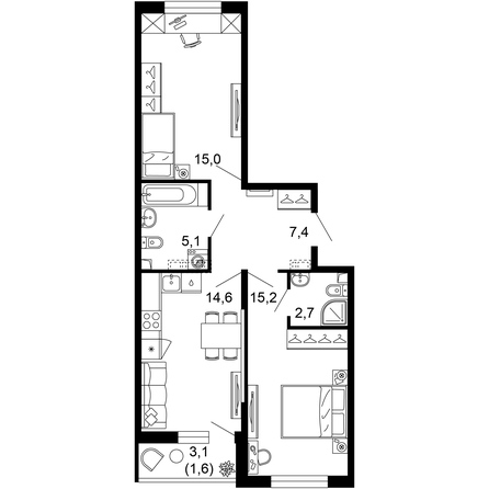 Планировка 2-комн 61,6 м²