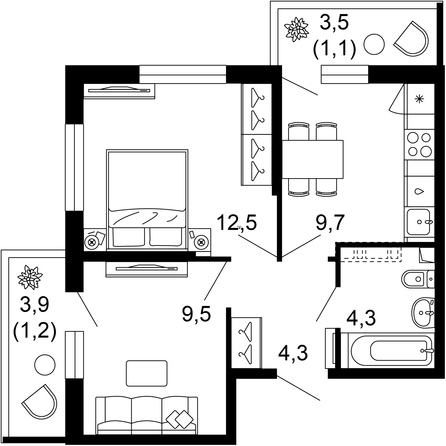 Планировка 2-комн 42,6 м²