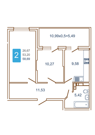 Планировка 2-комн 58,69 м²