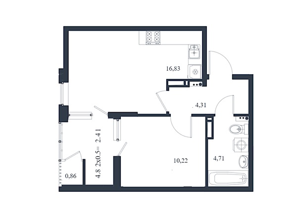 Планировка 1-комн 39,34 - 39,63 м²