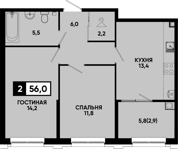 Планировка 2-комн 56 м²