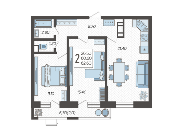 Планировка 2-комн 62,6 м²
