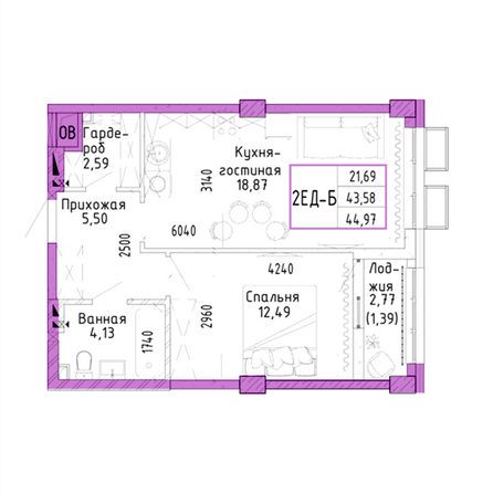 Планировка 2-комн 44,97 м²