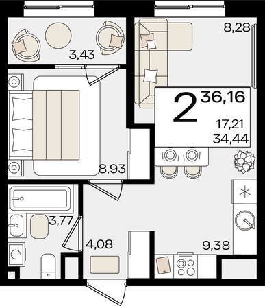 Планировка 2-комн 36,16 м²