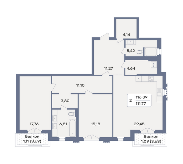 Планировка 2-комн 116,89 м²