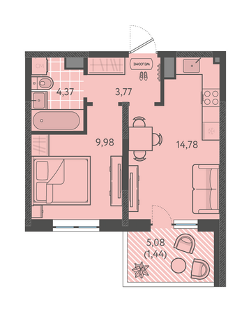 Планировка 1-комн 34,34 м²