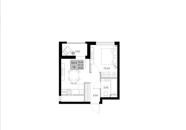 Планировка 1-комн 34,32, 35 м²