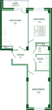 Планировка 2-комн 64,2, 65,1 м²