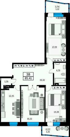 Планировка 3-комн 84,83 м²