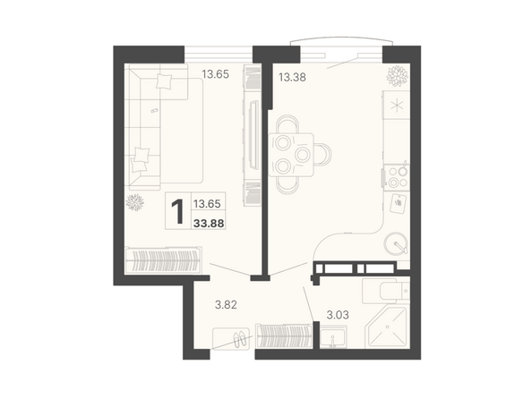 Планировка 1-комн 33,88 м²
