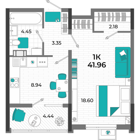 Планировка 1-комн 41,96 м²