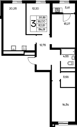 Планировка 3-комн 84,61 - 85,87 м²