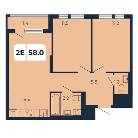 Планировка 2-комн 58 м²