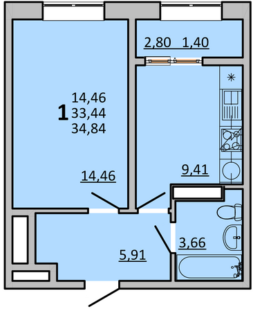 Планировка 1-комн 34,84 м²