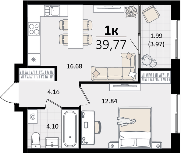 Планировка 1-комн 39,77 м²