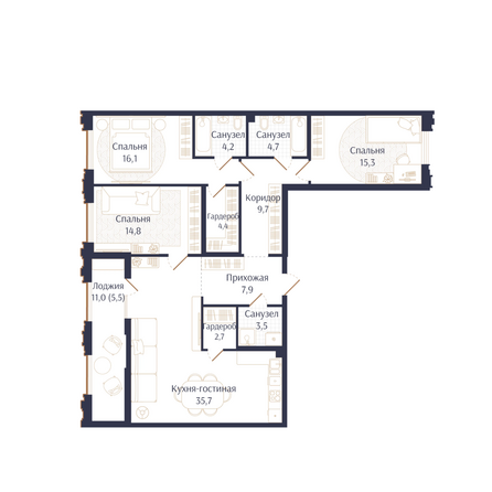 Планировка 3-комн 124,5 м²