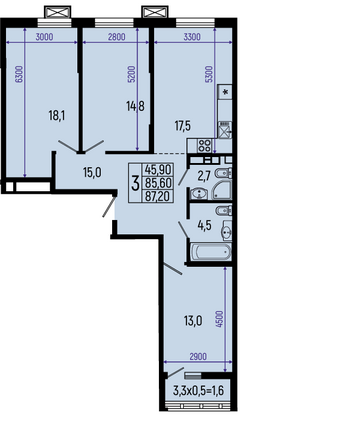 Планировка 3-комн 87,2, 87,7 м²