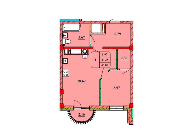 Планировка 1-комн 45 м²