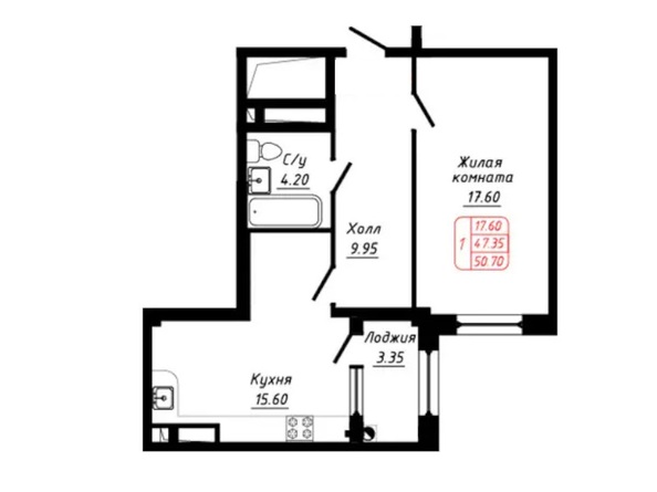 Планировка 1-комн 50,7 м²