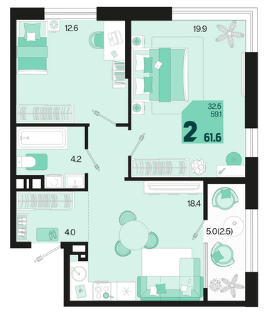 Планировка 2-комн 61,6 м²
