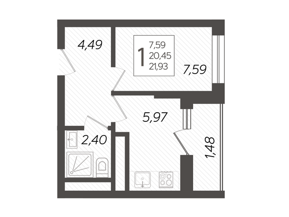 Планировка 1-комн 21,93 м²