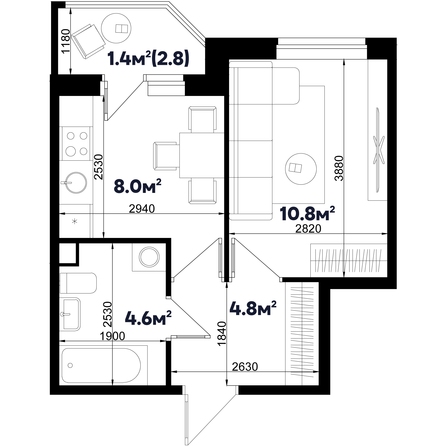 Планировка 1-комн 29,6 м²