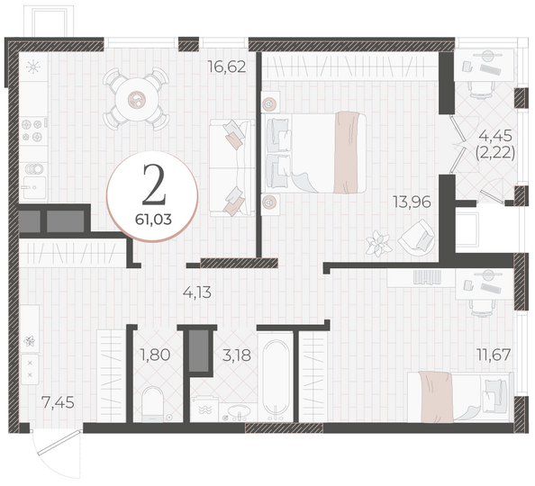 Планировка 2-комн 61,03 м²