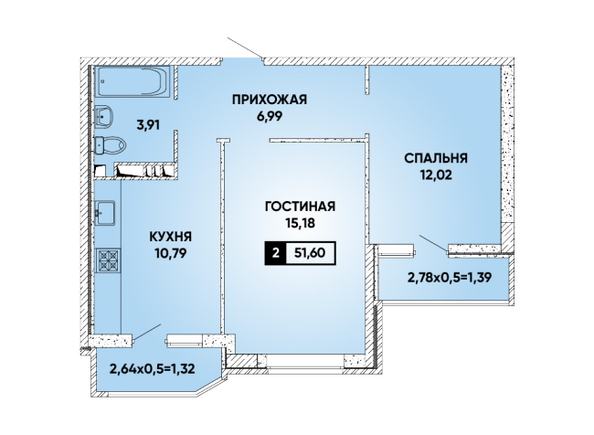 Планировка 2-комн 51,6 м²